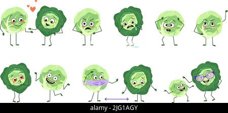 Set of cute cabbage characters with emotions, faces, arms and legs. Happy or sad heroes, vegetables play, fall in love, keep their distance with a mask, a smile or tears. Vector flat illustration Stock Vector