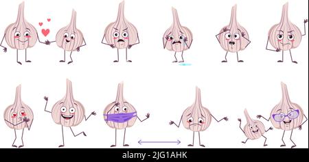 Set of cute garlic characters with emotions, funny and sad faces, arms and legs. Happy heroes in love, vegetables play, dance, keep their distance. Source of vitamins. Vector flat illustration Stock Vector