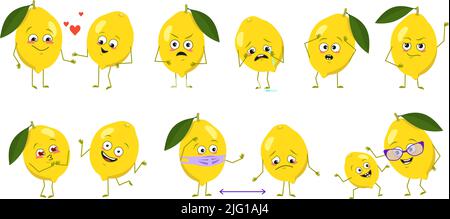 Set of cute lemon characters with emotions, faces, arms and legs. Happy or sad heroes, citrus fruits play, fall in love, keep their distance with a mask, a smile or tears. Vector flat illustration Stock Vector