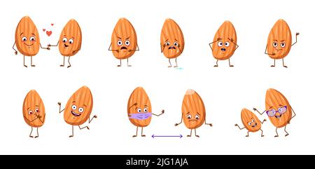 Set of cute almond characters with emotions, faces, arms and legs. Happy or sad heroes, nuts play, fall in love, keep their distance, with a smile or tears. Vector flat illustration Stock Vector
