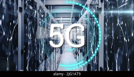 5G text on circles against network of connections over server room Stock Photo