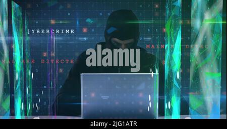 Data processing, multiple screens showing colourful webs of connections over Caucasian hacker wearin Stock Photo