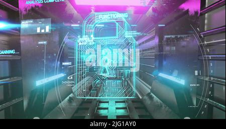 Security padlock icon and data processing against glowing tunnel Stock Photo