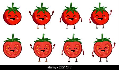 Cute kawaii style tomato icon, smiling with closed eyes. Version with hands raised, down and waving. Stock Vector