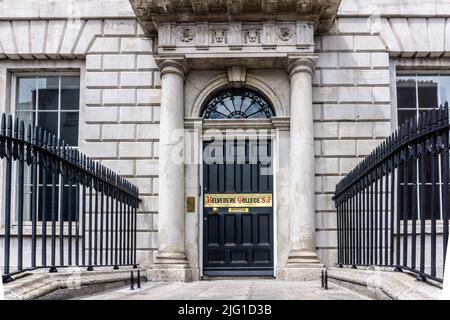 The entrance to Belvedere College, in Gt Denmark Street, Dublin, Ireland. Belvedere is an all boys, fee paying,Jesuit run, Catholic secondary school. Stock Photo