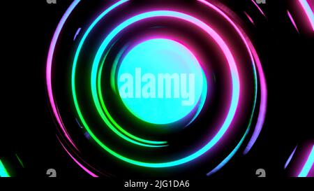 Colorful 3d loading circle. Design. Stylish animation with circle of colorful lines. Colorful glowing lines rotate rapidly around circle. Stock Photo