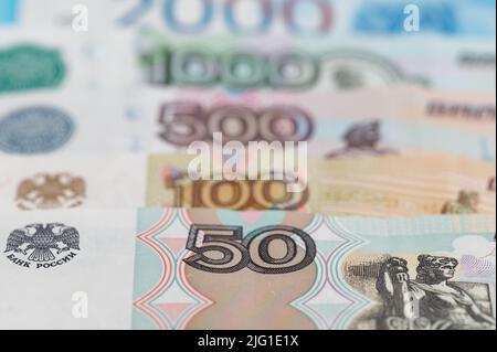 Russian rubles background. Money background and texture. Banknotes of different denominations Stock Photo