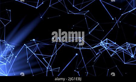 Blue and red background. Motion. A bright background on which there is an animation in which various parts with molecules and branches from them move Stock Photo