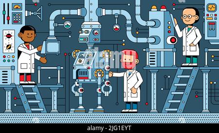 Scientists in the laboratory repair and adjust the robot Stock Vector