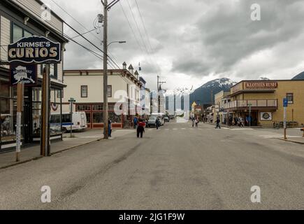 Skagway, AK - 6 June 2022: Main shopping street in small Alaskan town of Skagway Stock Photo