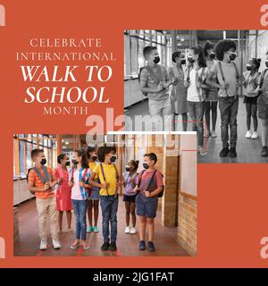 Multiracial students with masks talking in corridor and celebrate international walk to school month Stock Photo