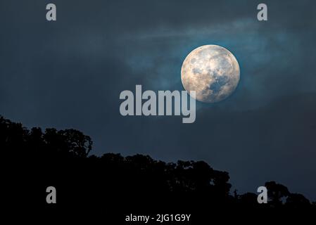 Full moon setting big in the sky shining trough some dark clouds over cloud forest Stock Photo