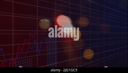 Image of blurred traffic lights over graphs and dark space Stock Photo