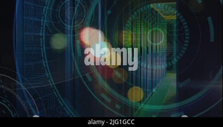 Image of blurred traffic lights over processing circle and dark space Stock Photo