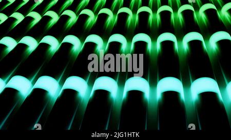 Tube like shapes with moving slowly parallel neon lights. Design. Pipes with green and turquoise energy lights Stock Photo