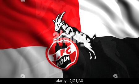 Close up animated waving flag of German professional football club in Cologne. Motion. Concept of sport. For editorial use only Stock Photo