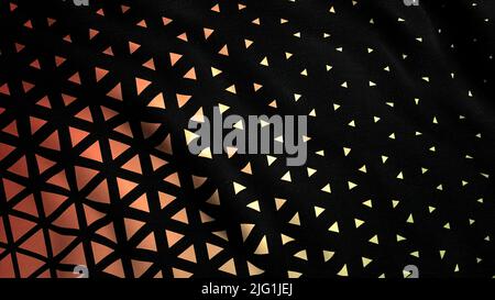 Animated 3D waving cloth texture with orange and black stripes and triangles. Motion. Smooth silk cloth surface with ripples and folds in tissue Stock Photo