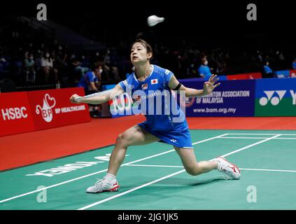 Kuala Lumpur, Malaysia. 06th July, 2022. Nozomi Okuhara of Japan competes against Yvonne Li of Germany during the Women's Single round two match of the Perodua Malaysia Masters 2022 at Axiata Arena, Bukit Jalil. Credit: SOPA Images Limited/Alamy Live News Stock Photo