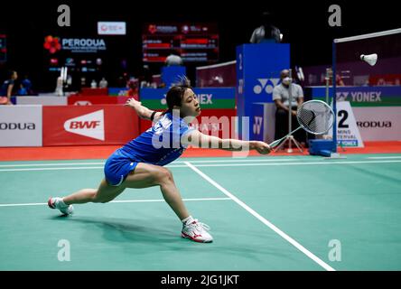 Kuala Lumpur, Malaysia. 06th July, 2022. Nozomi Okuhara of Japan competes against Yvonne Li of Germany during the Women's Single round two match of the Perodua Malaysia Masters 2022 at Axiata Arena, Bukit Jalil. Credit: SOPA Images Limited/Alamy Live News Stock Photo