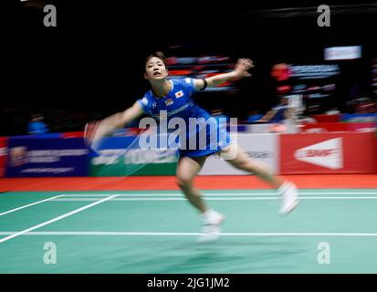 Kuala Lumpur, Malaysia. 06th July, 2022. Nozomi Okuhara of Japan competes against Yvonne Li of Germany during the Women's Single round two match of the Perodua Malaysia Masters 2022 at Axiata Arena, Bukit Jalil. Credit: SOPA Images Limited/Alamy Live News Stock Photo