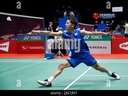 Kuala Lumpur, Malaysia. 06th July, 2022. Koki Watanabe of Japan competes against Kento Momota of Japan during the Men's Single round two match of the Perodua Malaysia Masters 2022 at Axiata Arena, Bukit Jalil. Credit: SOPA Images Limited/Alamy Live News Stock Photo