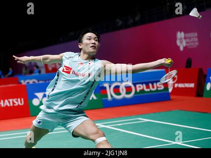 Kuala Lumpur, Malaysia. 06th July, 2022. Kento Momota of Japan competes against Koki Watanabe of Japan during the Men's Single round two match of the Perodua Malaysia Masters 2022 at Axiata Arena, Bukit Jalil. Credit: SOPA Images Limited/Alamy Live News Stock Photo