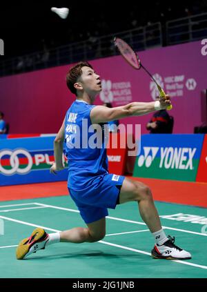 Kuala Lumpur, Malaysia. 06th July, 2022. Koki Watanabe of Japan competes against Kento Momota of Japan during the Men's Single round two match of the Perodua Malaysia Masters 2022 at Axiata Arena, Bukit Jalil. Credit: SOPA Images Limited/Alamy Live News Stock Photo