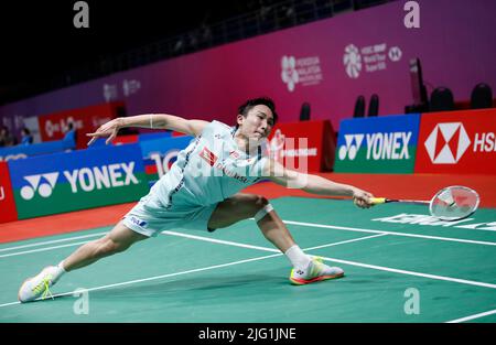 Kuala Lumpur, Malaysia. 06th July, 2022. Kento Momota of Japan competes against Koki Watanabe of Japan during the Men's Single round two match of the Perodua Malaysia Masters 2022 at Axiata Arena, Bukit Jalil. Credit: SOPA Images Limited/Alamy Live News Stock Photo