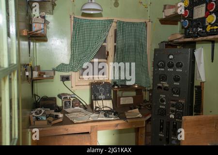 Radio room at Detaille Island ( Station W ) British Antarctic Survey hut historic site in Antarctica Stock Photo