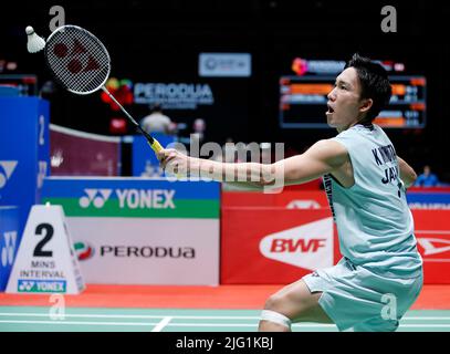 Kuala Lumpur, Malaysia. 06th July, 2022. Kento Momota of Japan competes against Koki Watanabe of Japan during the Men's Single round two match of the Perodua Malaysia Masters 2022 at Axiata Arena, Bukit Jalil. (Photo by Wong Fok Loy/SOPA Images/Sipa USA) Credit: Sipa USA/Alamy Live News Stock Photo