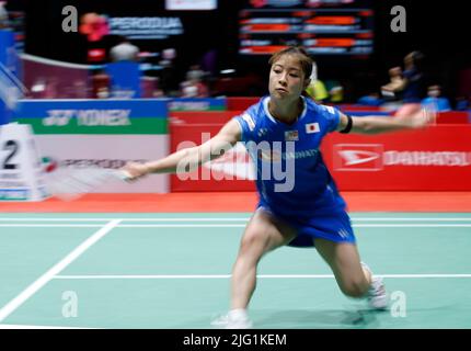 Kuala Lumpur, Malaysia. 06th July, 2022. Nozomi Okuhara of Japan competes against Yvonne Li of Germany during the Women's Single round two match of the Perodua Malaysia Masters 2022 at Axiata Arena, Bukit Jalil. (Photo by Wong Fok Loy/SOPA Images/Sipa USA) Credit: Sipa USA/Alamy Live News Stock Photo