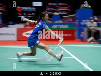 Kuala Lumpur, Malaysia. 06th July, 2022. Nozomi Okuhara of Japan competes against Yvonne Li of Germany during the Women's Single round two match of the Perodua Malaysia Masters 2022 at Axiata Arena, Bukit Jalil. (Photo by Wong Fok Loy/SOPA Images/Sipa USA) Credit: Sipa USA/Alamy Live News Stock Photo