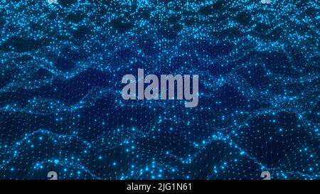 Technology and telecommunication background with connected dots on 3D wave landscape. Communication, data science, particles, digital world, virtual r Stock Photo