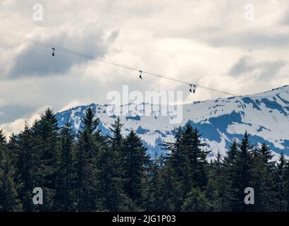 Multiple passengers in harnesses and seats on zip line from mountain top to Icy Strait Point in Alaska Stock Photo