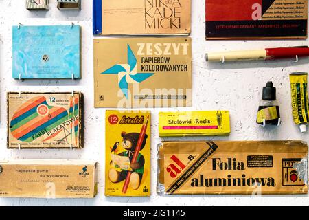 Selection of art stationary from communist era at the Museum of Life in the Polish People's Republic (Muzeum Życia w PRL), Warsaw, Poland Stock Photo