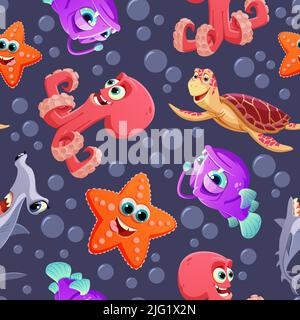 Bright pattern with sea animals in cartoon style for print and design. Vector illustration. Stock Vector