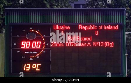 KYIV, UKRAINE - OCTOBER 23, 2020: Final score of the UEFA Womens EURO 2022 Qualifying game Ukraine v Ireland seen on the scoreboard of Obolon Arena in Kyiv. Ukraine won 1-0 Stock Photo