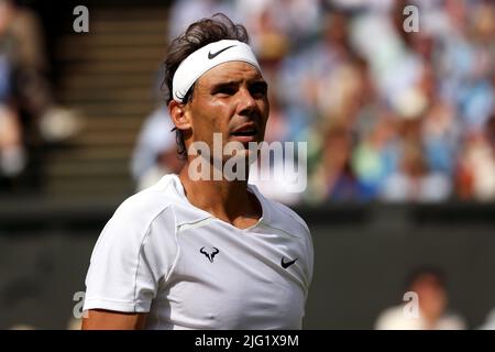 All, UK. 6th July, 2022. Lawn Tennis Club, Wimbledon, London, United Kingdom: Number one seed Rafael Nadal during his quarterfinal natch against Taylor Fritz of the United States today at Wimbledon. Credit: Adam Stoltman/Alamy Live News Stock Photo