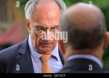 London, UK. 06th July, 2022. Peter Bone, Conservative MP, Brexiteer and Boris Johnson supporter, on College Green today. Bone was announced to be the new Deputy Leader of the House of Commons one day later. Amidst the chaos and turmoil of the current government, ministers and Conservative MPs come and go in Downing Street and around Whitehall and the Parliamentary Estate in Westminster today. Credit: Imageplotter/Alamy Live News Stock Photo