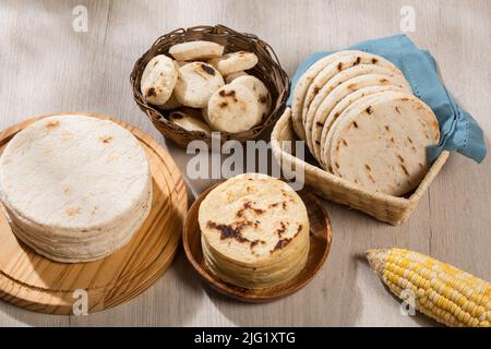 Typical South American food - different types of corn arepas. Stock Photo