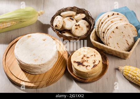 Typical South American food - different types of corn arepas. Stock Photo
