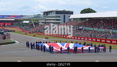 Introduction to the British F1 Grand Prix, bands and national anthem, Silverstone circuit, Silverstone,Towcester, Northamptonshire,England, UK,NN12 8T Stock Photo