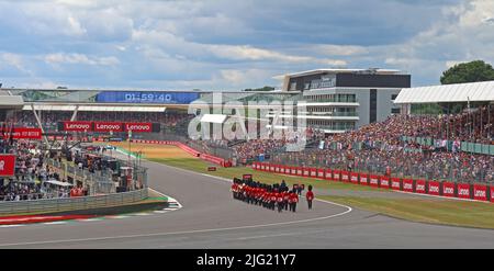 Introduction to the British F1 Grand Prix, bands and national anthem, Silverstone circuit, Silverstone,Towcester, Northamptonshire,England, UK,NN12 8T Stock Photo