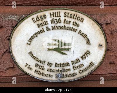 Edge Hill - Edge Lane Station plaque 1979, British Rail restoration , Tunnel Road, Liverpool, Merseyside, England, UK, L7 6ND Stock Photo