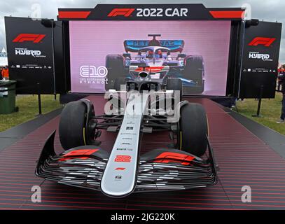 2022 F1 Hybrid Car, E10 Ethanol, synthetic gasoline 10% biofuel fuelled racing vehicle, Silverstone Circuit, Towcester,England,UK,NN12 8TL Stock Photo