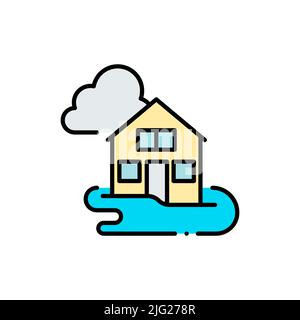 Flooded house filled color icon. linear style sign for mobile concept and web design. Flooding disaster filled color vector icon. Symbol, logo illustr Stock Vector