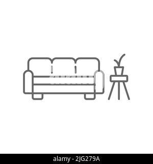 Sofa and Coffee table with plant line icon. linear style sign for mobile concept and web design. Waiting room interior outline vector icon. Symbol, lo Stock Vector
