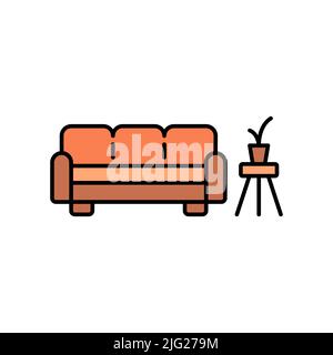Sofa and Coffee table with plant filled color icon. linear style sign for mobile concept and web design. Waiting room interior filled color vector ico Stock Vector