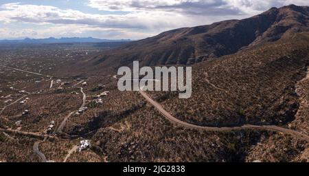 Catalina Highway going up Mt. Lemmon, aerial. Stock Photo