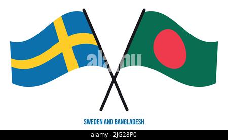 Sweden and Bangladesh Flags Crossed And Waving Flat Style. Official Proportion. Correct Colors. Stock Vector